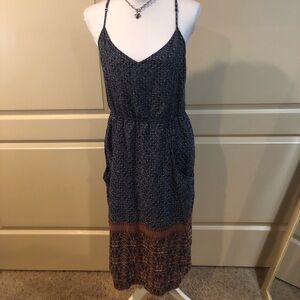 Patagonia Navy and Brown Printed Spaghetti-Strap Maxi Dress